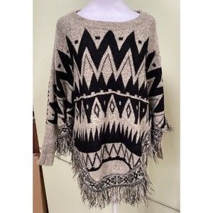 64 Sixty Five Small Southwestern Black & Beige Fringe Dolman Poncho Cape Sweater